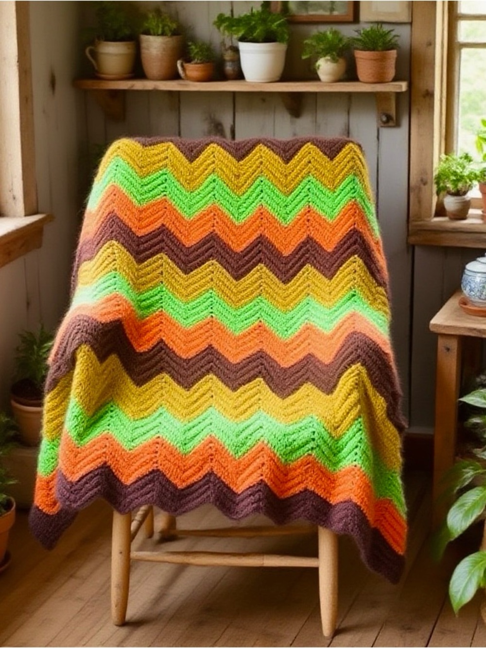 Vintage Handmade Orange Green Chevron Crochet Hippie Afghan